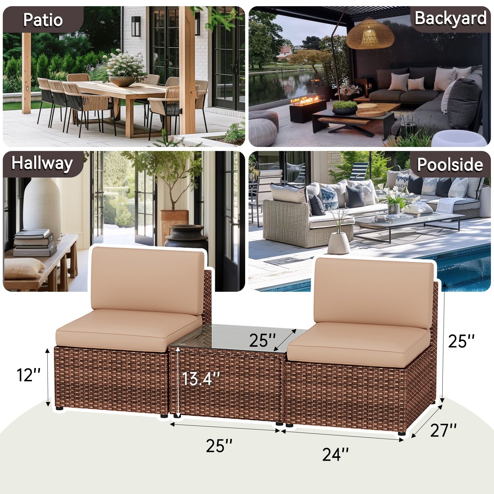 3 Pcs Patio Furniture Sets with Coffee Table,Patio Conversation Sets,Brown