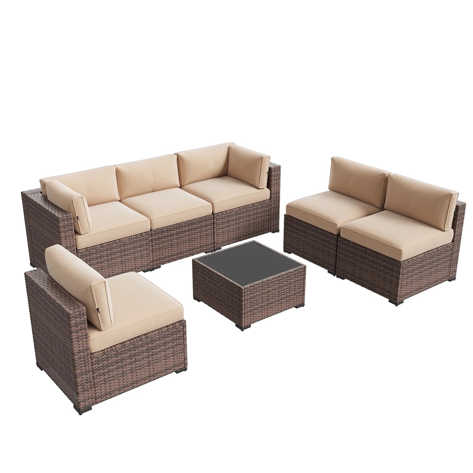 Aoxun 7 Piece Patio Furniture Set Wicker Rattan Patio Conversation Set Outdoor Sectional Sofa Set with Coffee Table and 4” Thickened Cushions, Beige(Waterproof Cover Included)