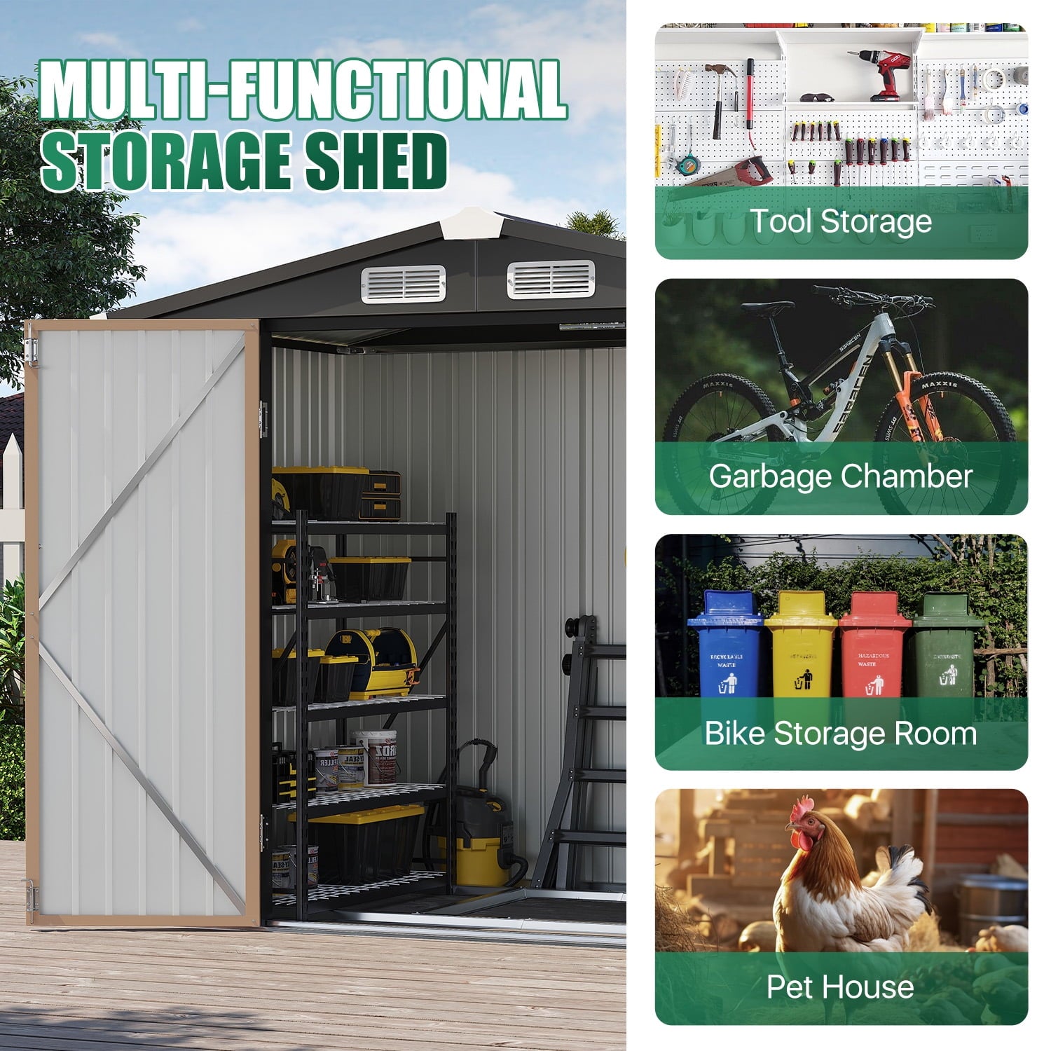 Clouddwell 6x4 ft. Metal Storage Shed with Base, Galvanized Steel Outdoor Garden Shed (Brown)