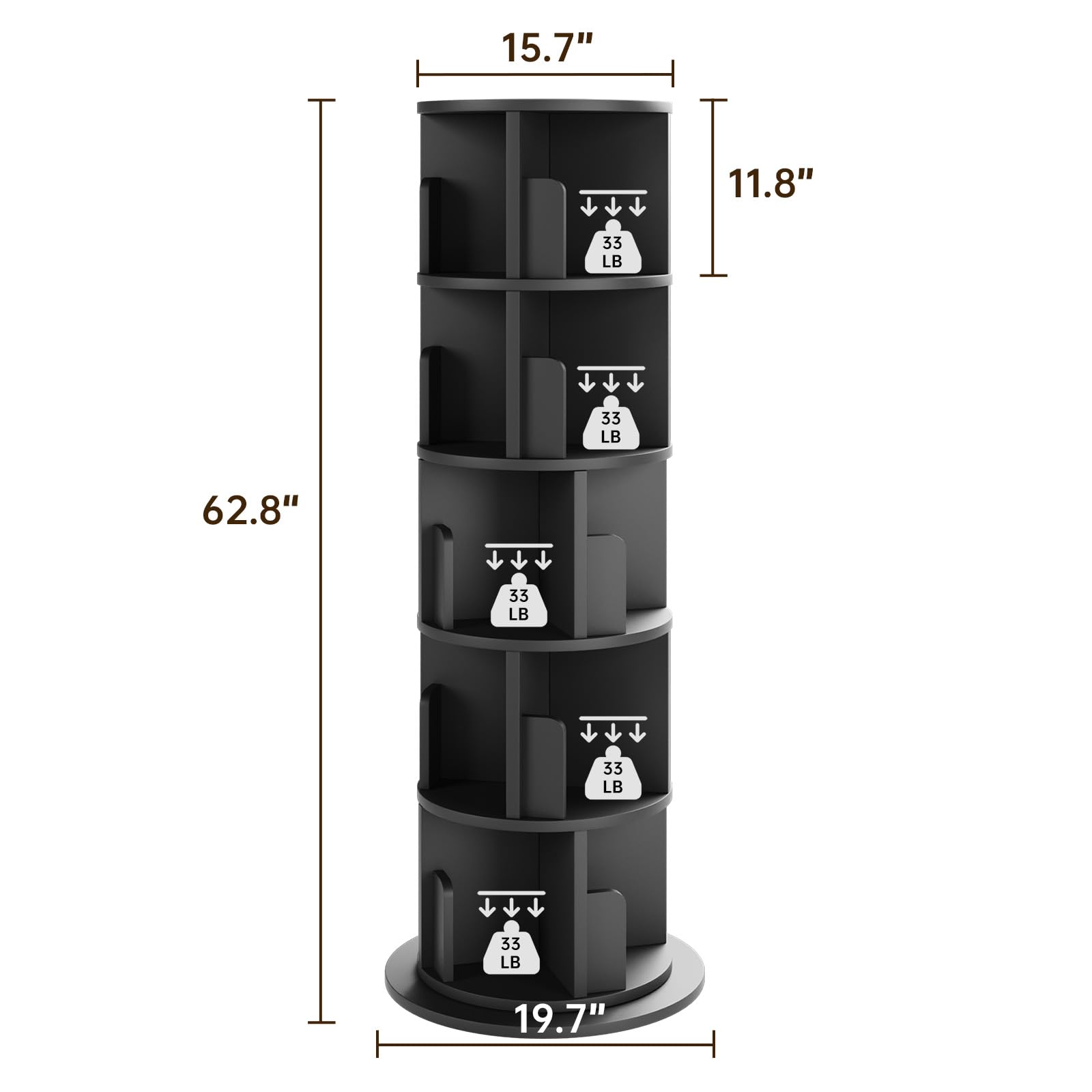 5 Tier Rotating Bookshelf, 360° Rotating Wood Floor Standing Bookcase, Freestanding Storage Shelf, Swivel Bookshelf Display Rack, Black