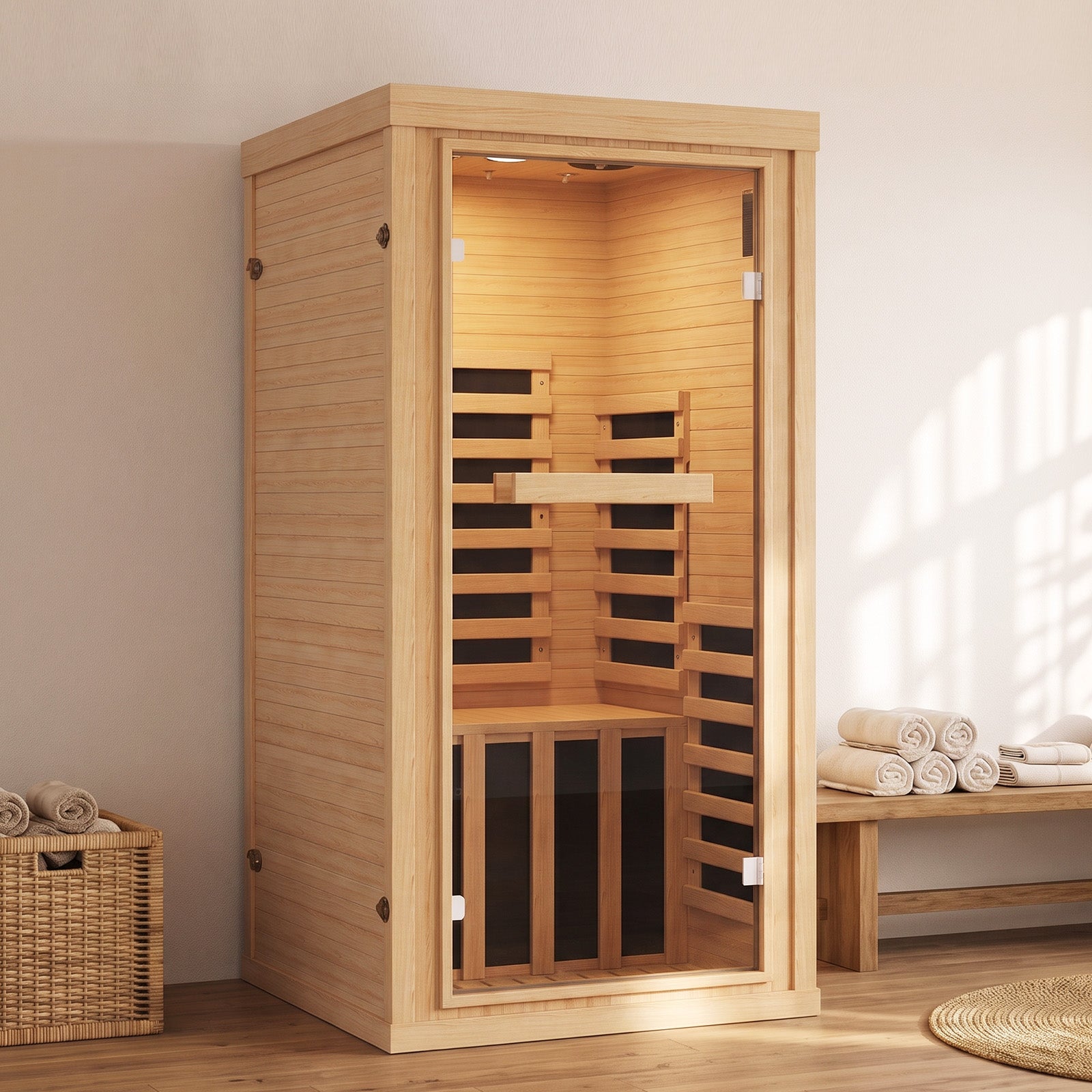 Aoxun Infrared Sauna Home Sauna, Indoor Sauna, Low EMF Far Infrared, 1-2 Person, Chromotherapy Light, Canadian Hemlock Wood, Blutooth Speakers