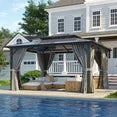 Clouddwell 12'x14' Hardtop Gazebo - Polycarbonate Double Roof with Netting & Curtains for Patio, Garden Sun Protection,Gray