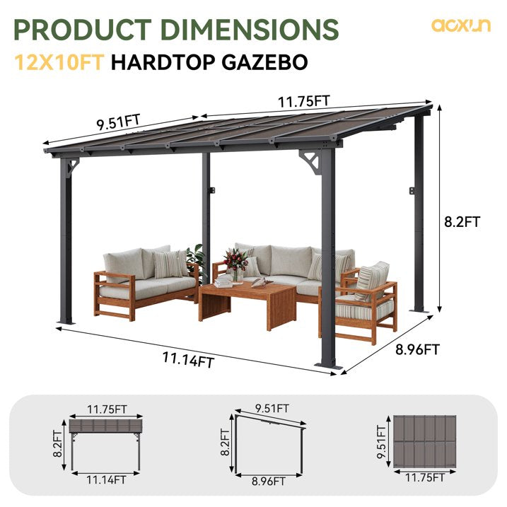 AOXUN 12' x 10' Hardtop Gazebo Outdoor Aluminum Pergola For Garden, Patio, Backyard-Gray