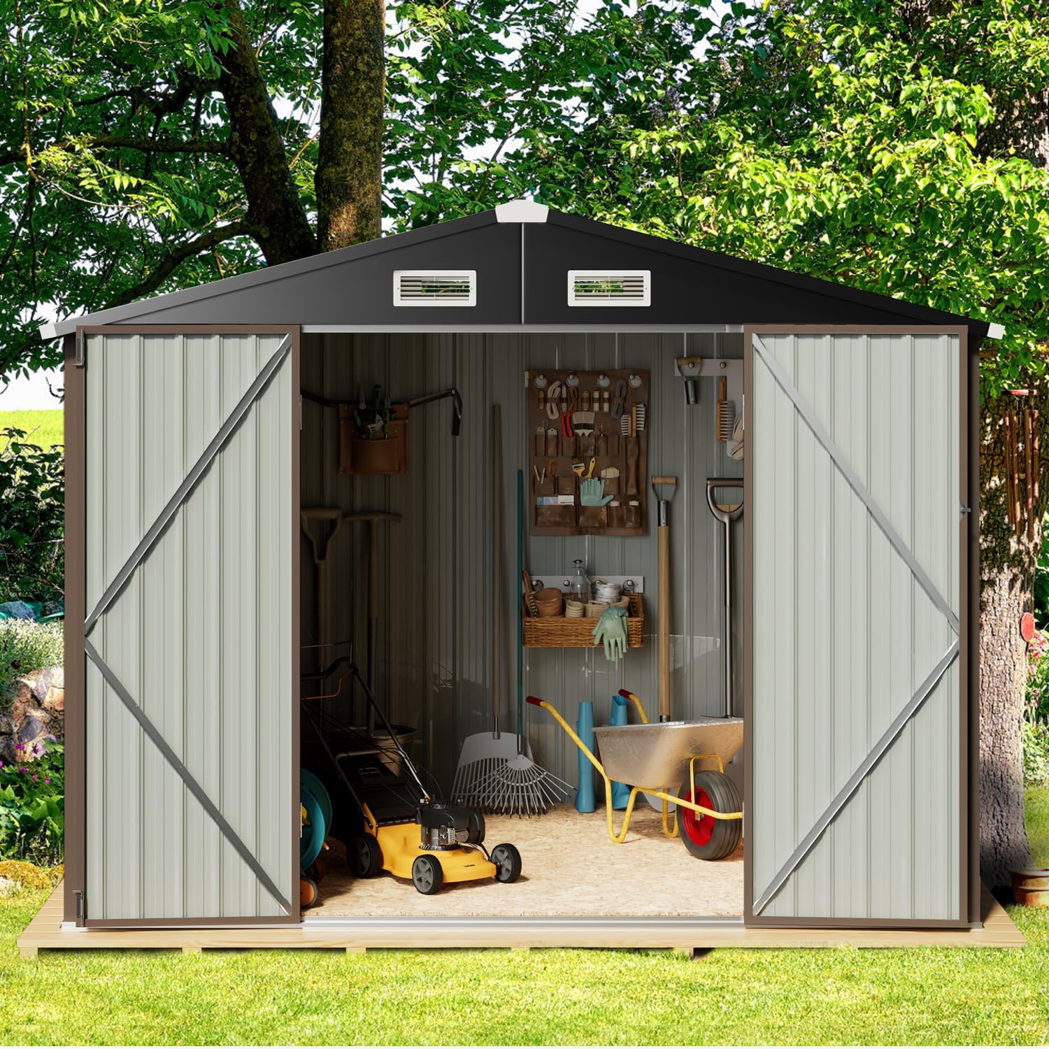 8.5 x 5.6 FT Outdoor Storage Shed, Metal Shed for Garden, Backyard, Patio, Brown