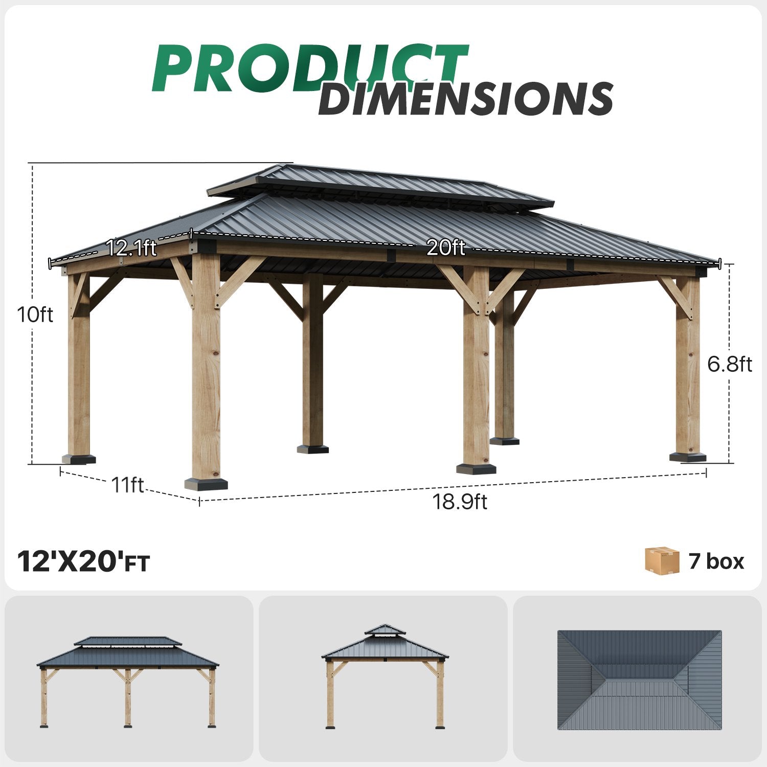Clouddwell 12*20FT Upgraded Cedar Gazebo,Cedar Hard Roof Gazebo,with Double-Layer Galvanized Steel Roof,Suitable for Backyard,Desk,and Lawn.