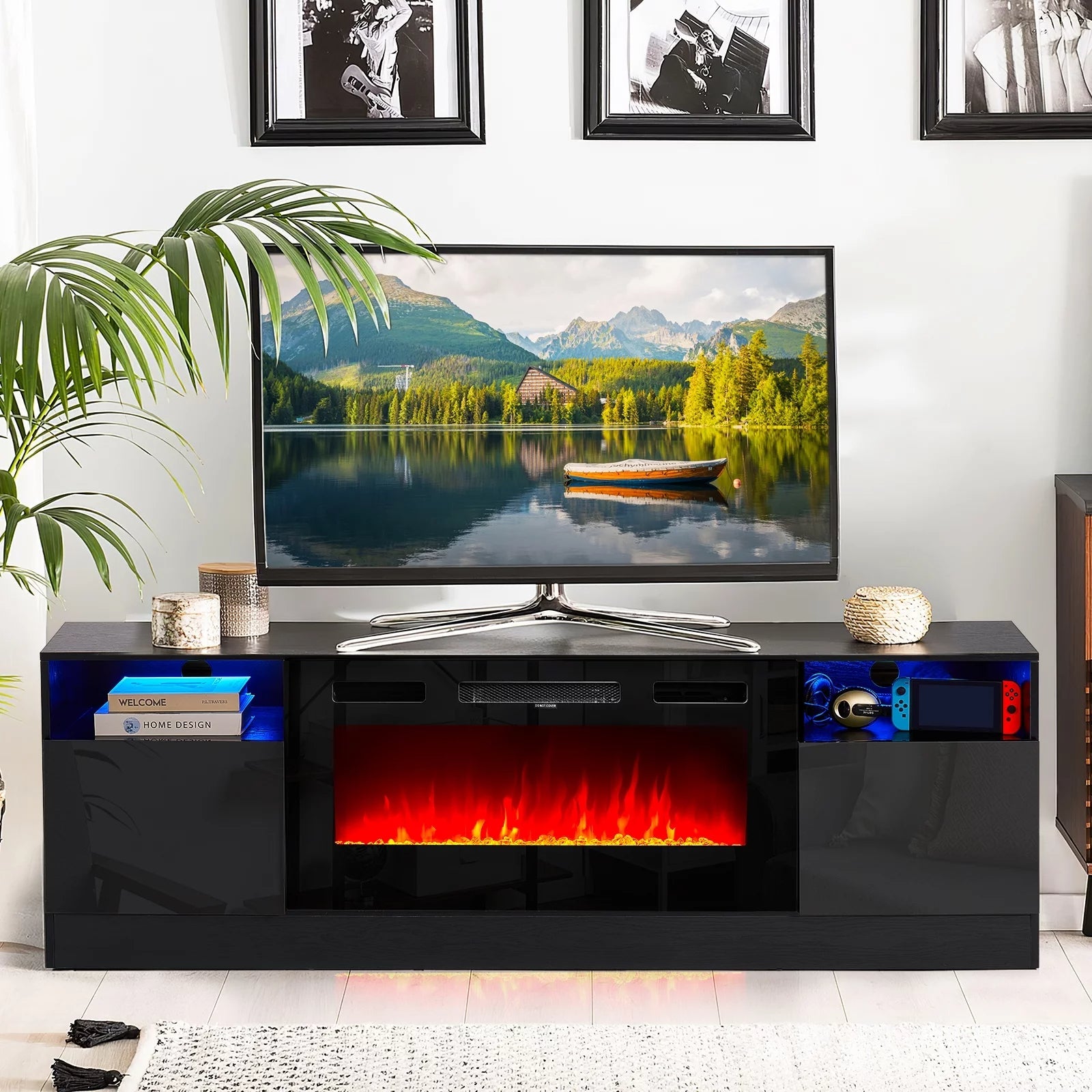 TV Stand with 36" Electric Fireplace, LED Light, for TVs up to 80", Black