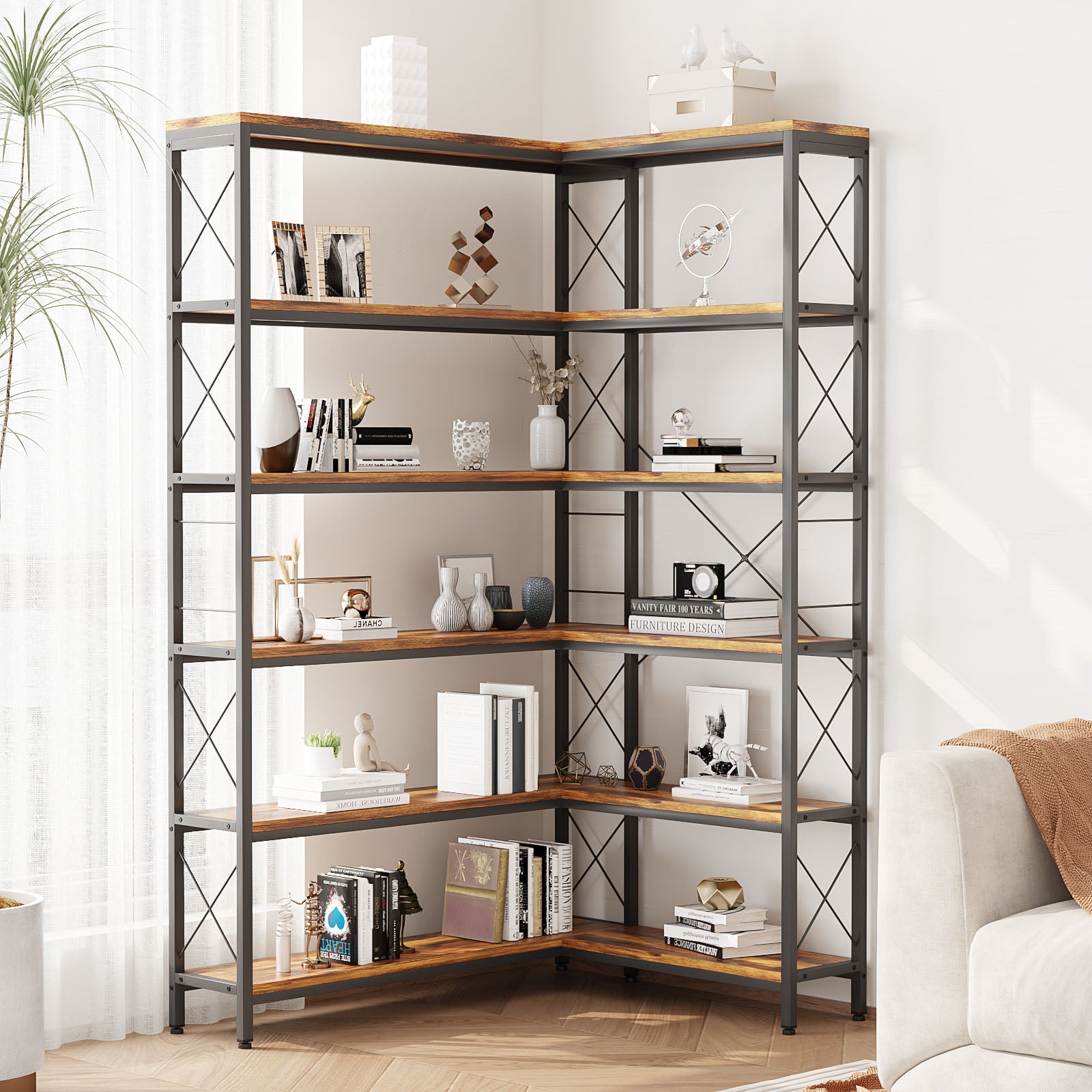 6-layer Corner Bookcase, Vintage Industrial Corner Bookshelf Etagere Bookcase, 6 Tier Corner Shelf Storage Rack with Carbon Steel for Living Room, Office, Home, Brown