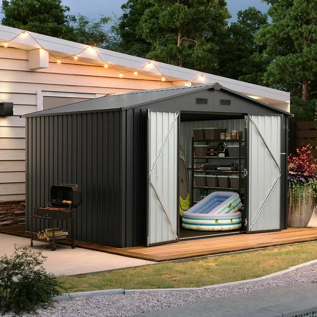 10 x 8 ft Outdoor Storage Shed with Floor, Metal Tool Shed with Door and Lock for Garden,Black