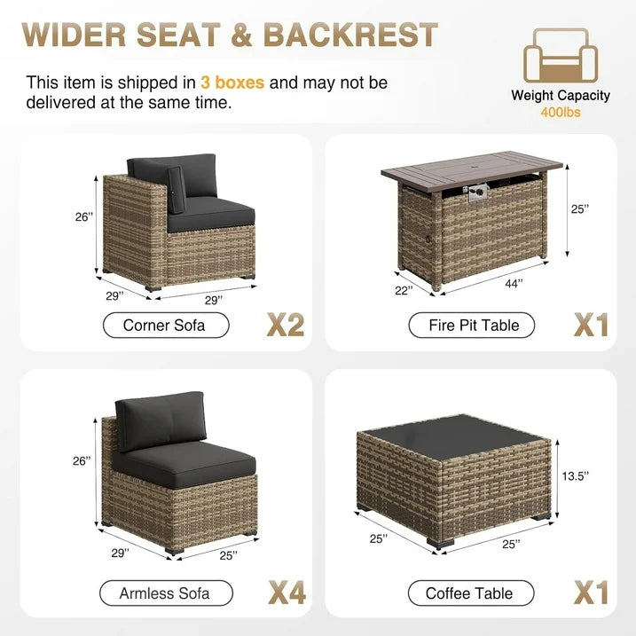 Aoxun 8 Piece Patio Furniture Set with 44” Fire Pit Table Wicker Rattan Outdoor Sectional Sofa Set with Coffee Table and 4” Thickened Cushions, Black (Waterproof Cover Included)