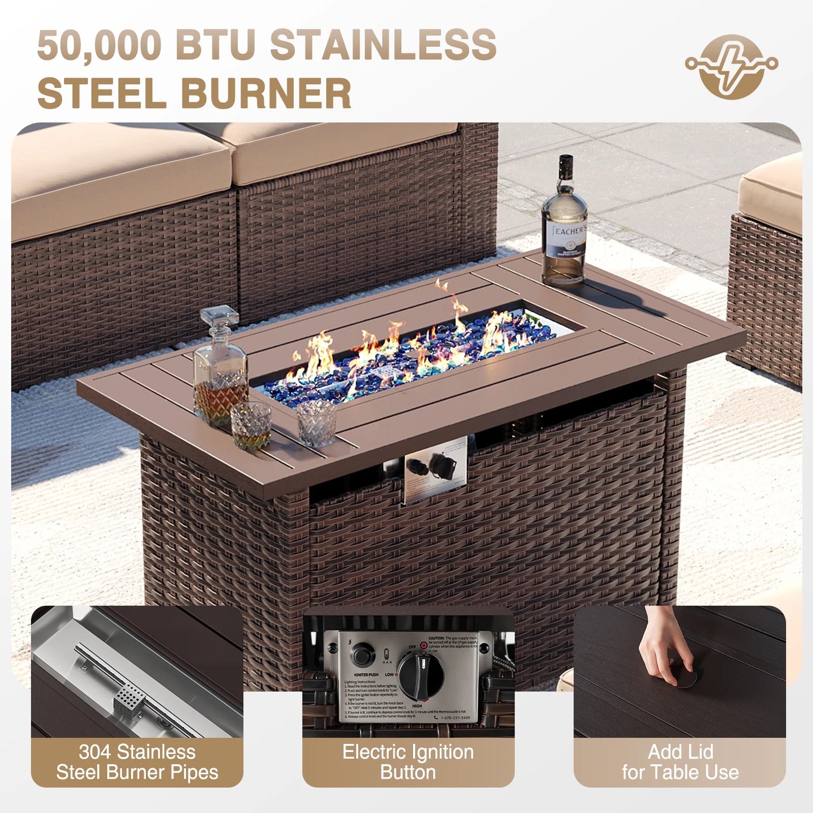 Aoxun 8 Piece Patio Furniture Set with 44” Fire Pit Table Wicker Rattan Outdoor Sectional Sofa Set with Coffee Table and 4” Thickened Cushions, Beige (Waterproof Cover Included)