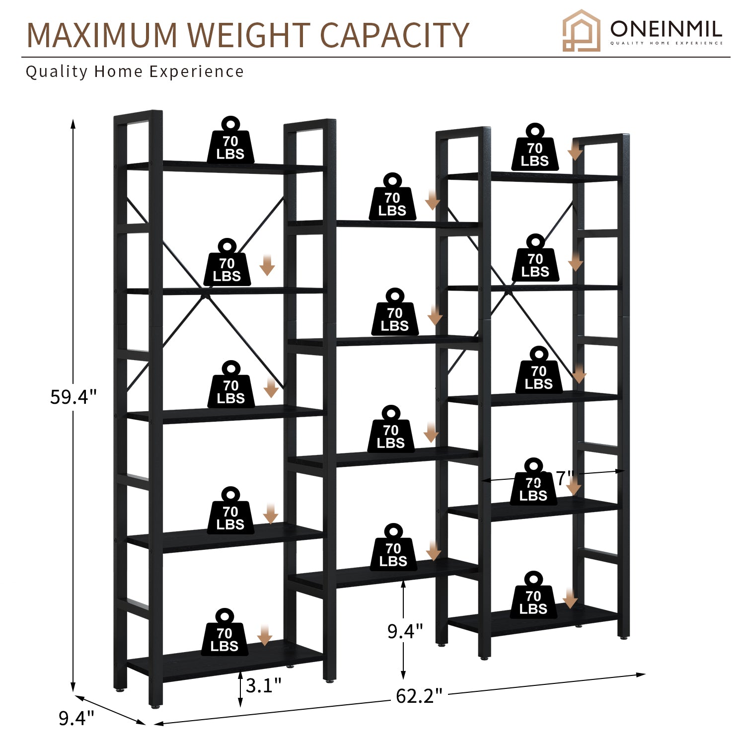 5 Tier Bookcase Triple Wide 59" Tall Bookshelf for Home Office