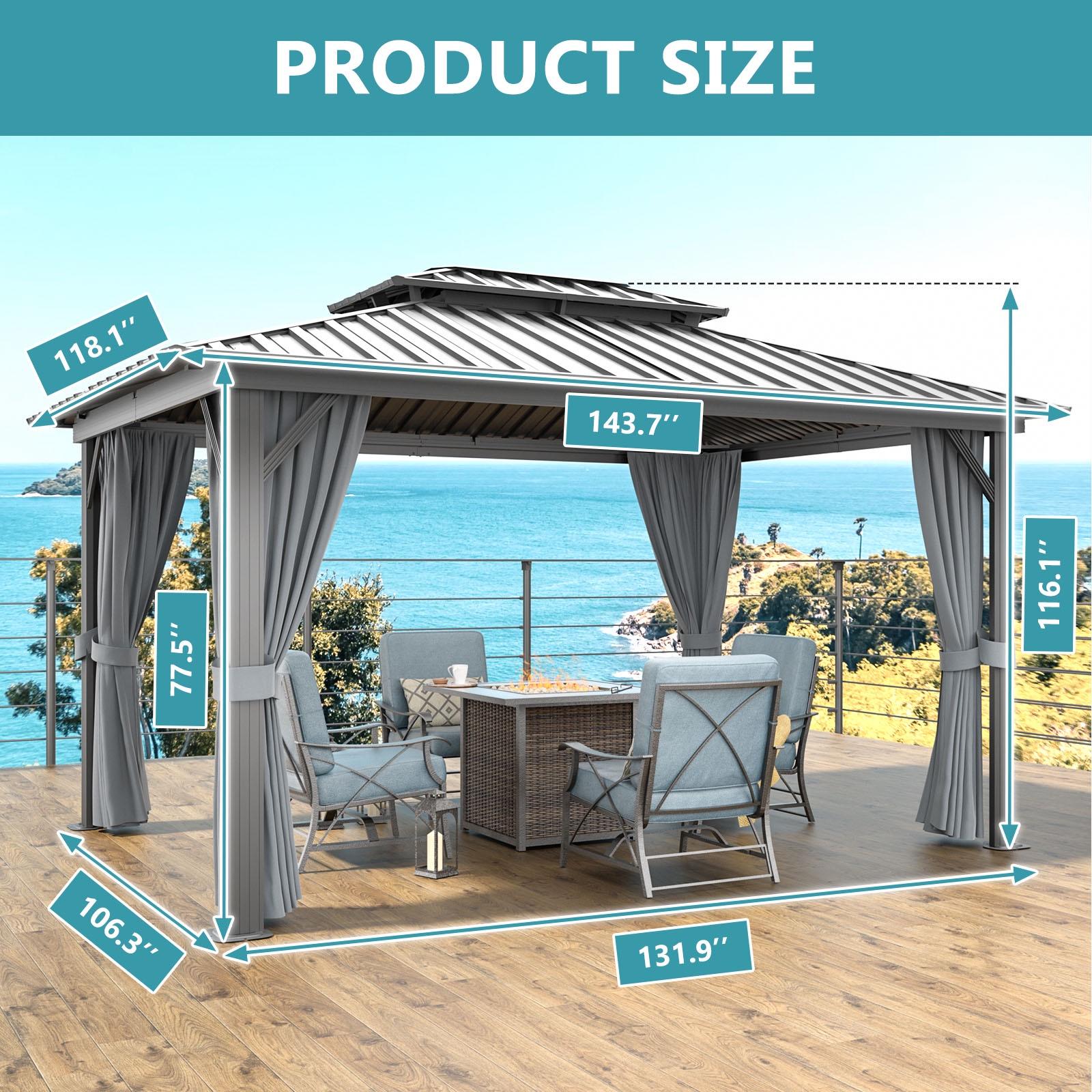 10x12 ft. Hardtop Gazebo with Mosquite Netting, Double Metal Roof for Lawn and Garden, Brown