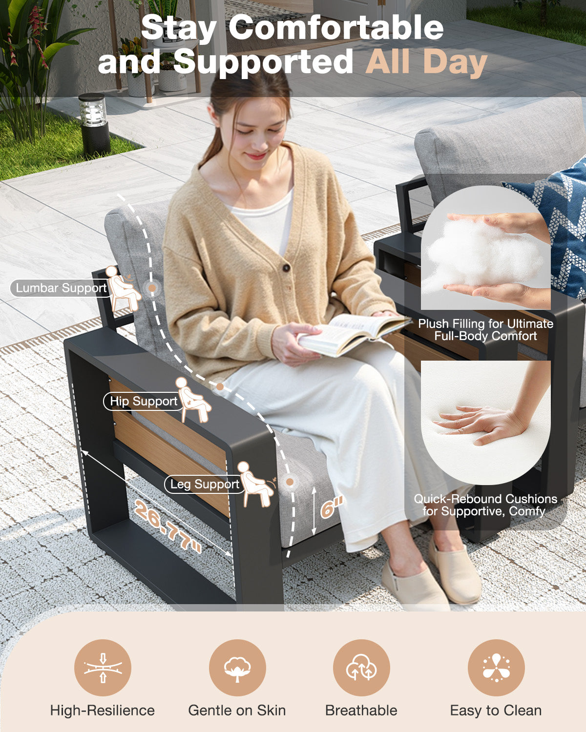 Aoxun Aluminum Patio Furniture Set, 5 Piece Luxury Outdoor Sectional with 6" Olefin Fabric Cushions, patio Conversation Sets with Coffee Table and Waterproof Cover for Backyard, Porch Dark Grey