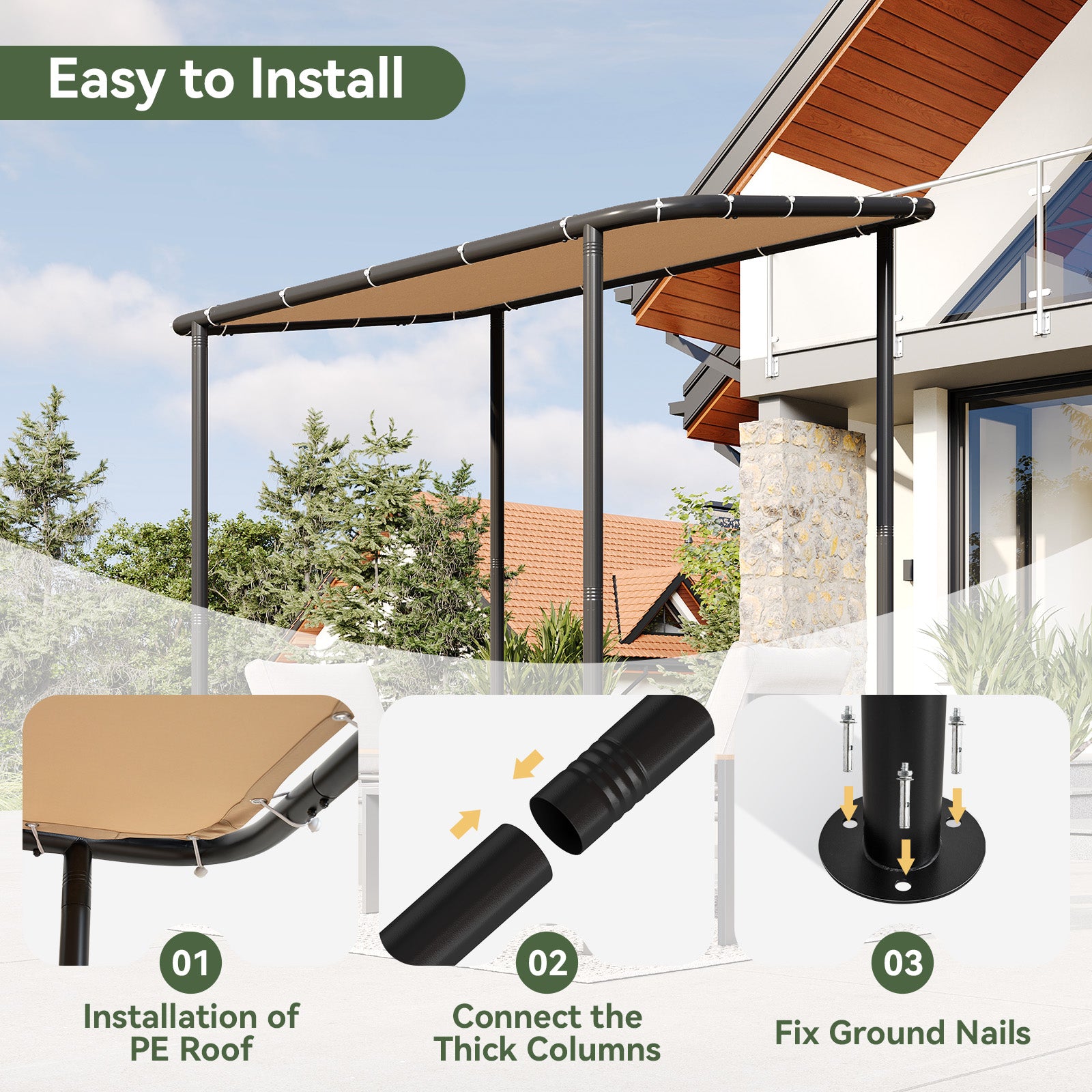 Aoxun 8x5 Lean to Gazebo Outdoor Pergola with Water Resistant & UV-Resistant, Wall-Mounted Canopy with Sloped Roof for Backyard, Deck, Patio or Garden Khaki