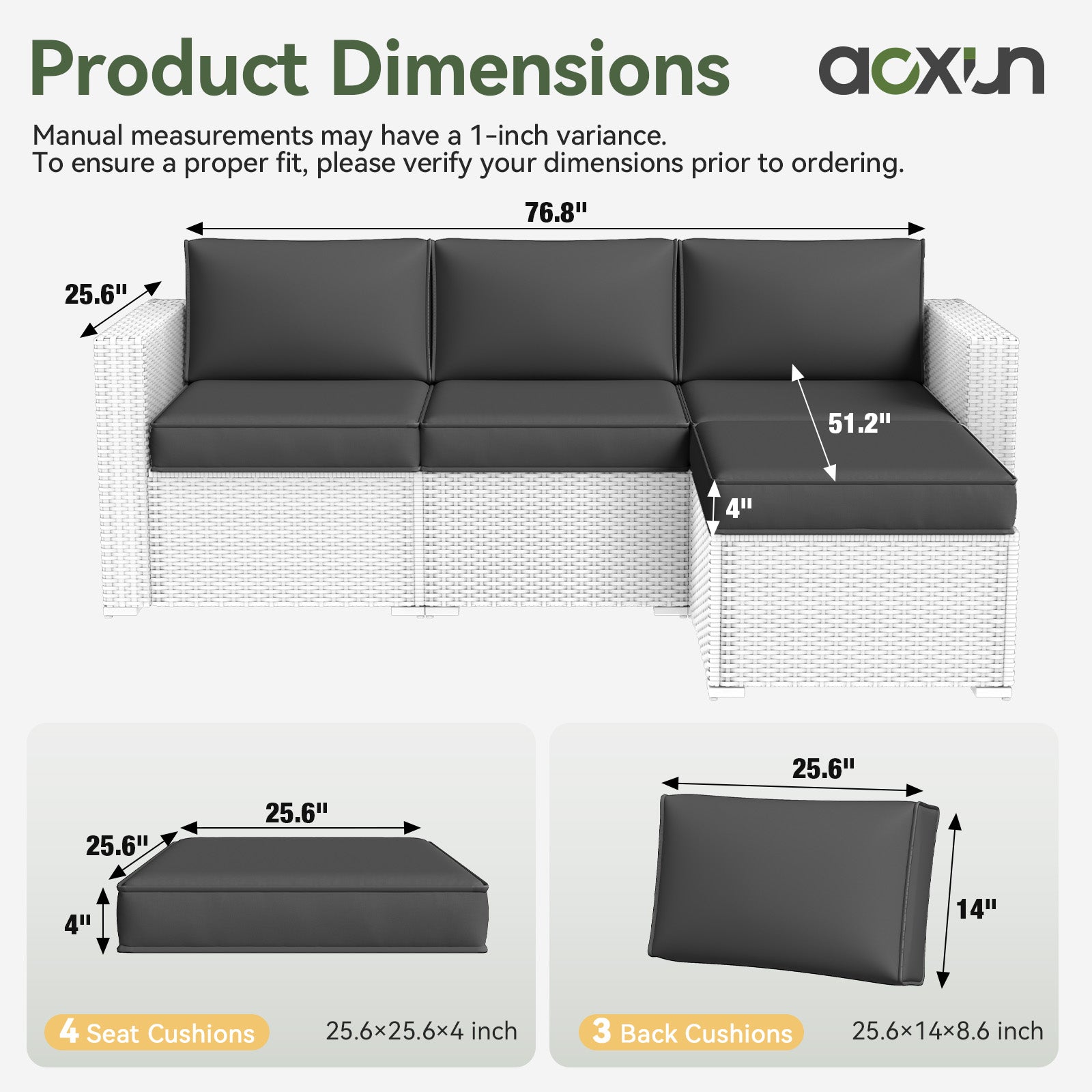 Aoxun 26" x 26" Patio Furniture Cushions for Outdoor Furniture Set of 4, Thick Replacement Patio Couch Cushions for Outdoor Furniture, 7-Piece Splashproof Fade Resistant Cushions for Outdoor Couch
