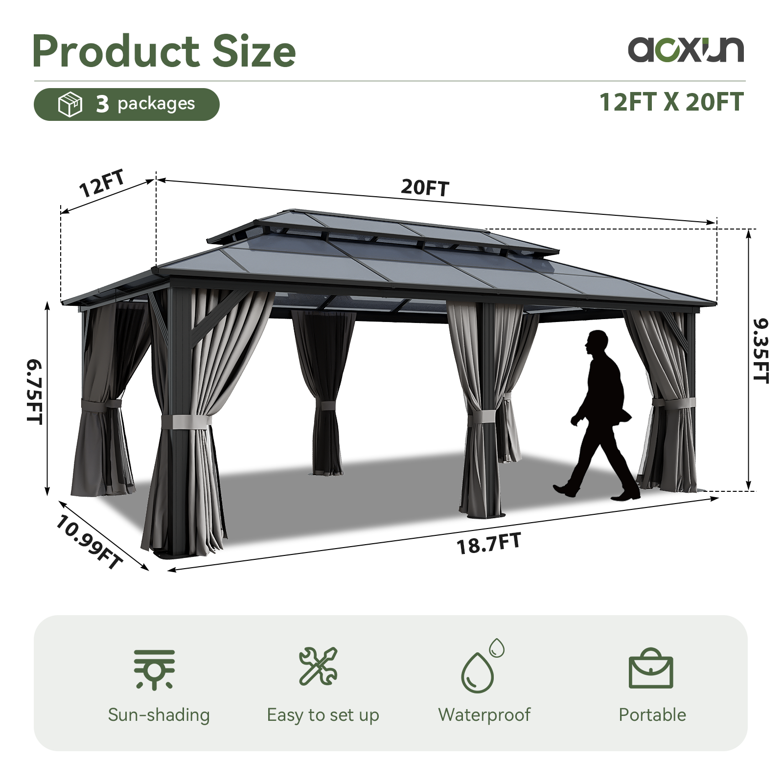 12'x20' Hardtop Gazebo, Aluminum Frame Permanent Pavilion with Curtains and Netting, Outdoor Polycarbonate Double Roof Canopy, Designed for Garden, Lawns, Patio, Gray