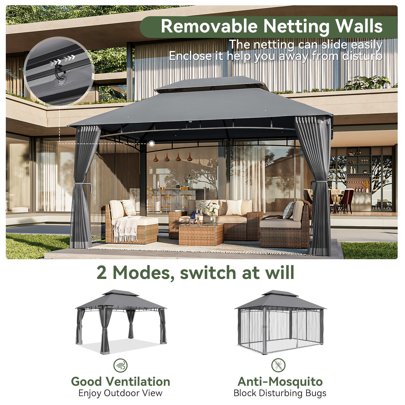 Outdoor Gazebo for Patio 10x13, Metal Frame Canopy with Double Roofs, Heavy Duty Party Tent and Shelter with Mosquito Nettings for Backyard, Lawn, Garden, Dark Gray