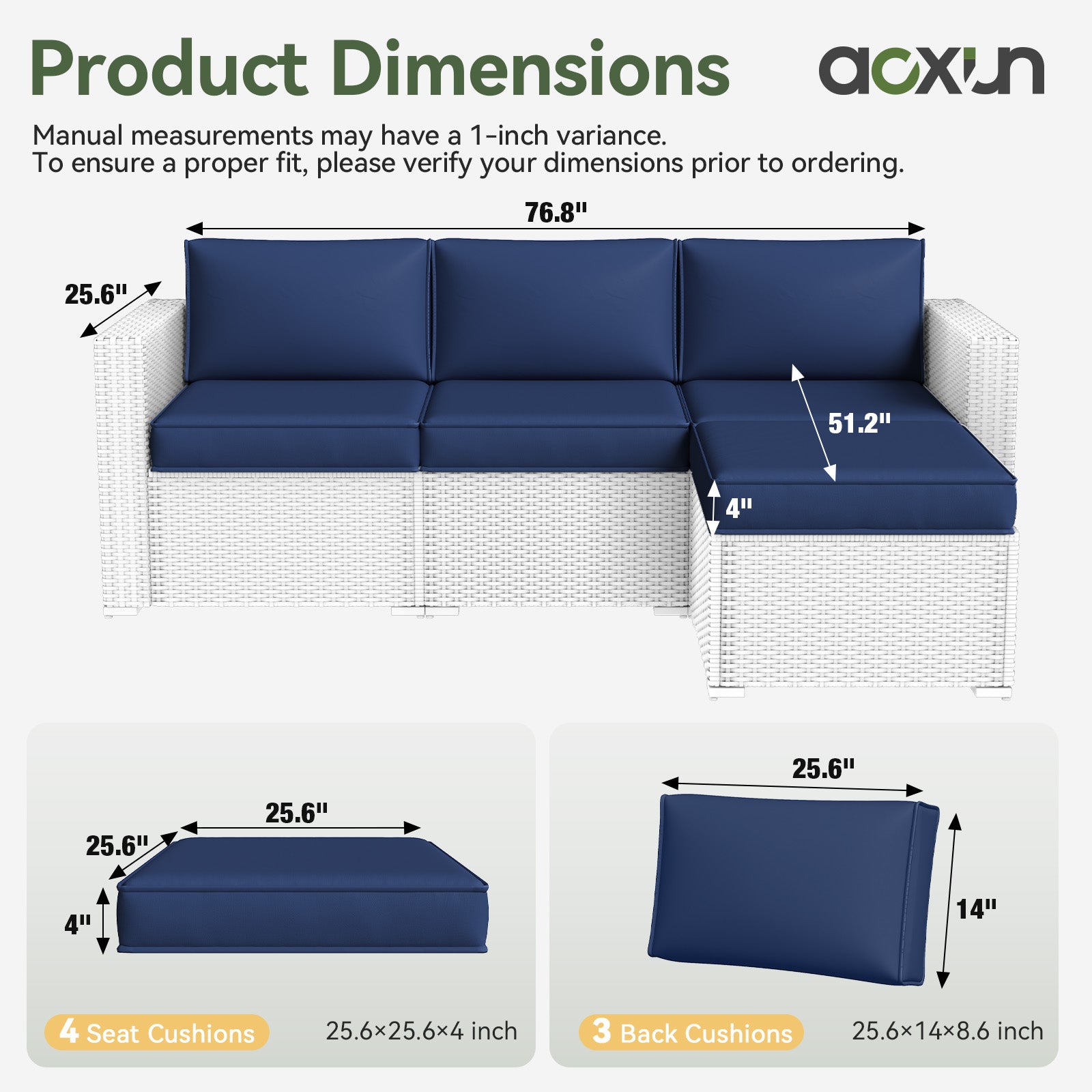 Aoxun 26" x 26" Patio Furniture Cushions for Outdoor Furniture Set of 4, Thick Replacement Patio Couch Cushions for Outdoor Furniture, 7-Piece Splashproof Fade Resistant Cushions for Outdoor Couch