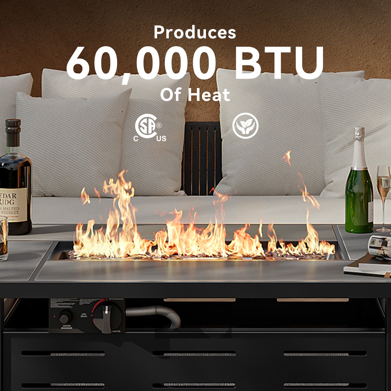 Aoxun 42" Propane Fire Pit Table, 60000 BTU Outdoor Patio Heater with Ceramic Top & Lava Rocks, Rectangle Gas Fire Pits for Outside Patio with Removable Lid, Black