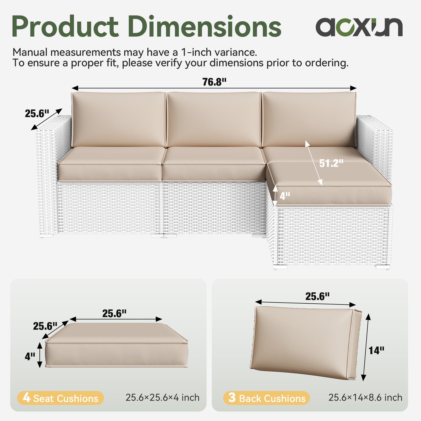 Aoxun 26" x 26" Patio Furniture Cushions for Outdoor Furniture Set of 4, Thick Replacement Patio Couch Cushions for Outdoor Furniture, 7-Piece Splashproof Fade Resistant Cushions for Outdoor Couch