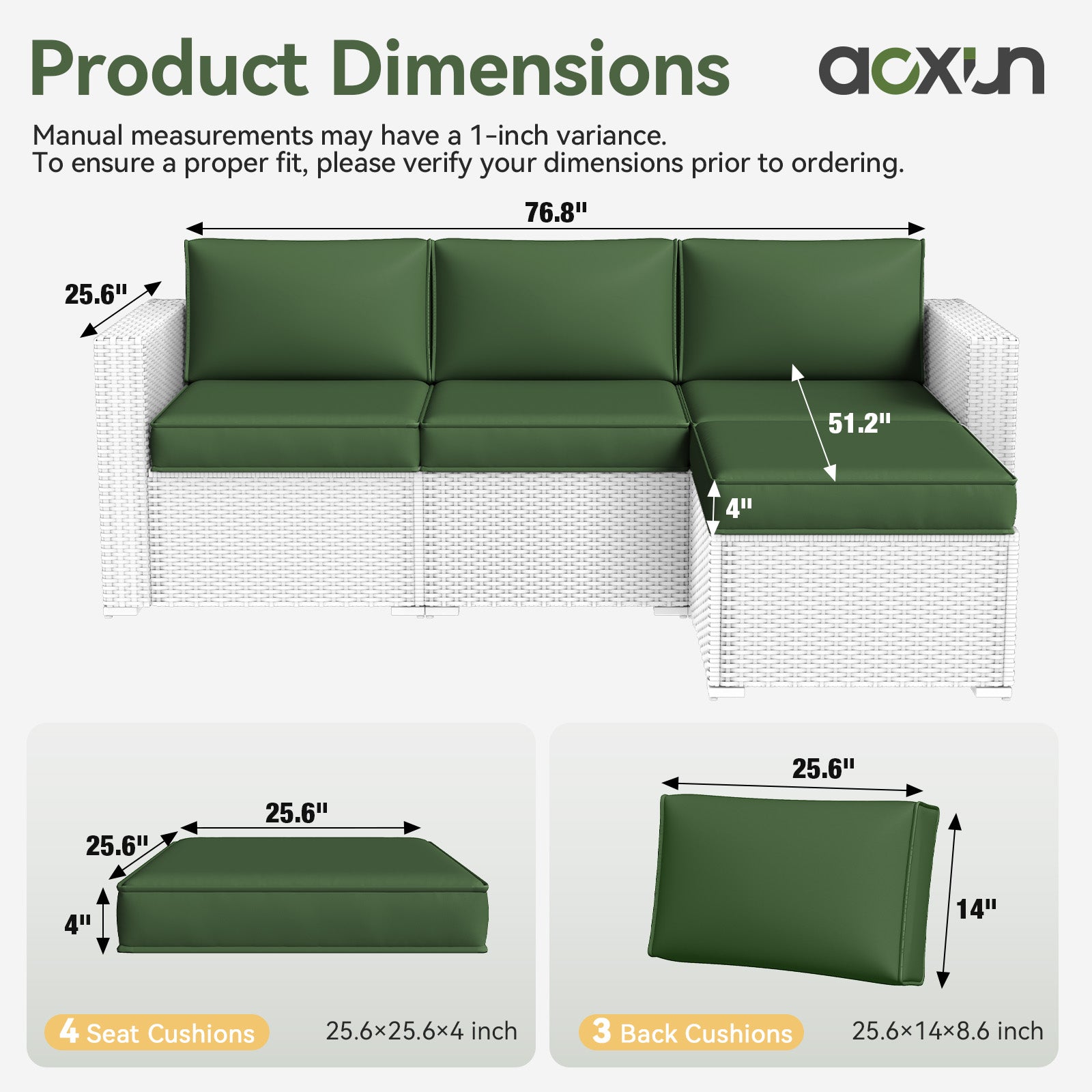 Aoxun 26" x 26" Patio Furniture Cushions for Outdoor Furniture Set of 4, Thick Replacement Patio Couch Cushions for Outdoor Furniture, 7-Piece Splashproof Fade Resistant Cushions for Outdoor Couch