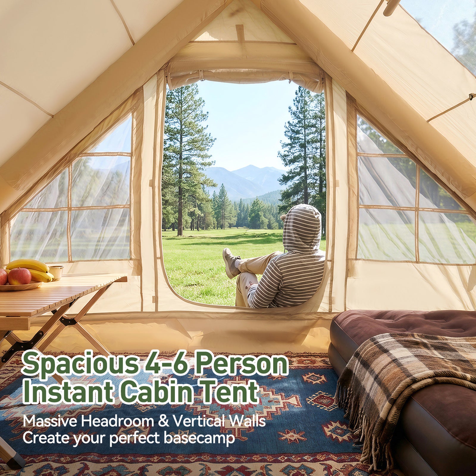 Aoxun Inflatable Camping Tent for 4-8 Person, Instant Setup Family Size Tent, Waterproof Windproof Outdoor Shelter with UV Protection, Lightweight Portable for Camping, Beach, Festivals (Beige）