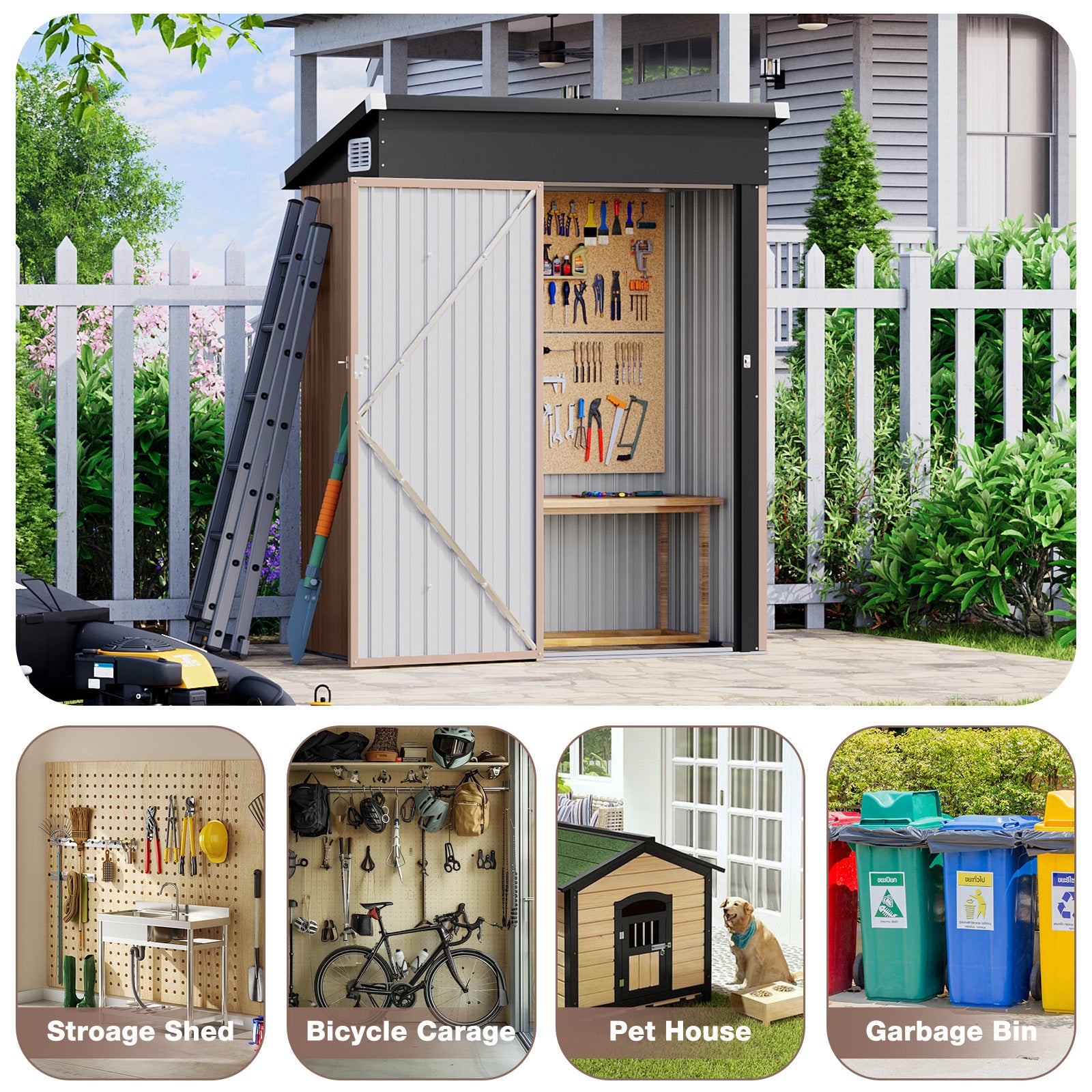 Aoxun 4.9x2.9 FT Outdoor Storage Shed - Metal Garden Shed, Waterproof Garden Tool Shed with Lockable Doors, Perfect for Backyard, Patio, Poolside (Brown)