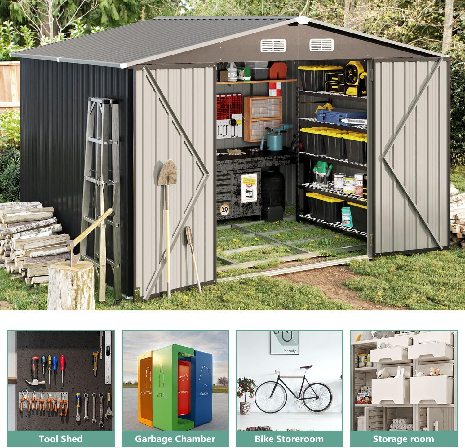 Utility Metal Shed, Steel Tool Shed with Air Vent and Lockable Door