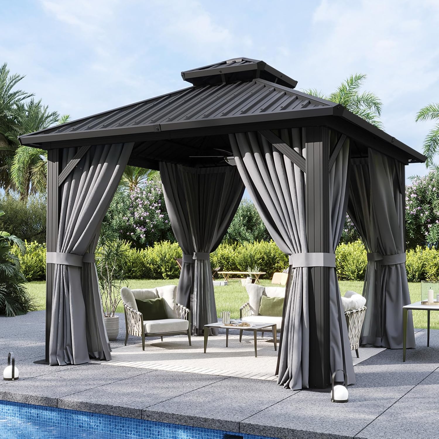 10'x10' Hardtop Gazebo, Aluminum Frame Canopy with Double Galvanized Steel Roof, Outdoor Metal Pavilion with Netting, Curtains for Backyard, Patio and Deck