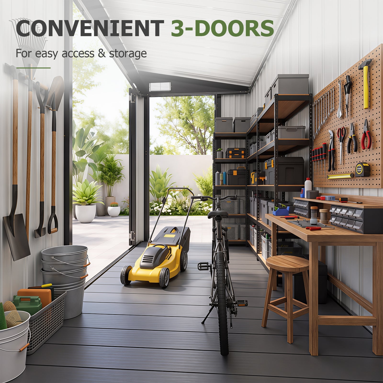Aoxun 7.5'x4' Outdoor Storage Shed with 3 Lockable Doors & 14mm PP Floor | 7.5x4 FT Metal Garden Shed with Floor, Outdoor Storage Cabinet with Sloping Roof for Backyard, Black