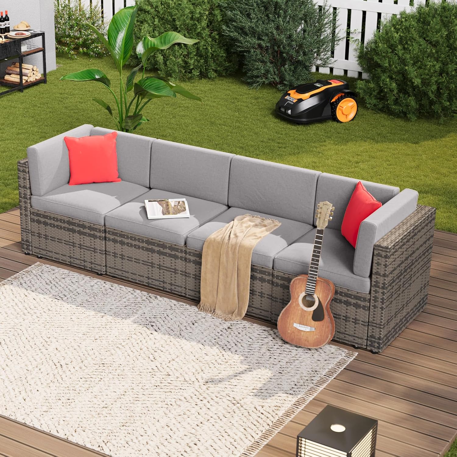 Aoxun 4 Piece Patio Furniture Set, Wicker Outdoor Furniture Set with 2 Pillows, Small Patio Sectional Outdoor Couch for Garden, Backyard, Porch,Grey