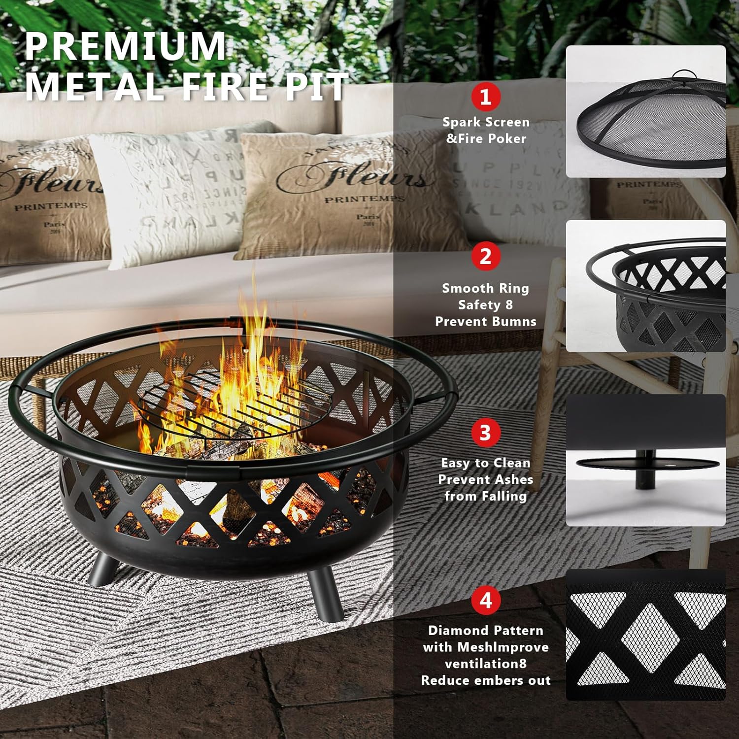 Fire Pit with Cooking Grate Grill, Outdoor Wood Burning Fire Pit with Cover & Fire Poker