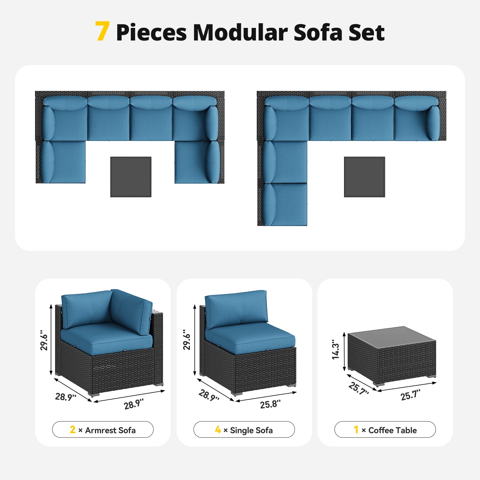 Aoxun Patio Furniture Set, 7 Piece Outdoor Sectional Sofas with Waterprool Cover, Wicker Rattan Outdoor Furniture Patio Conversation Set for Backyard, Garden Peacock Blue