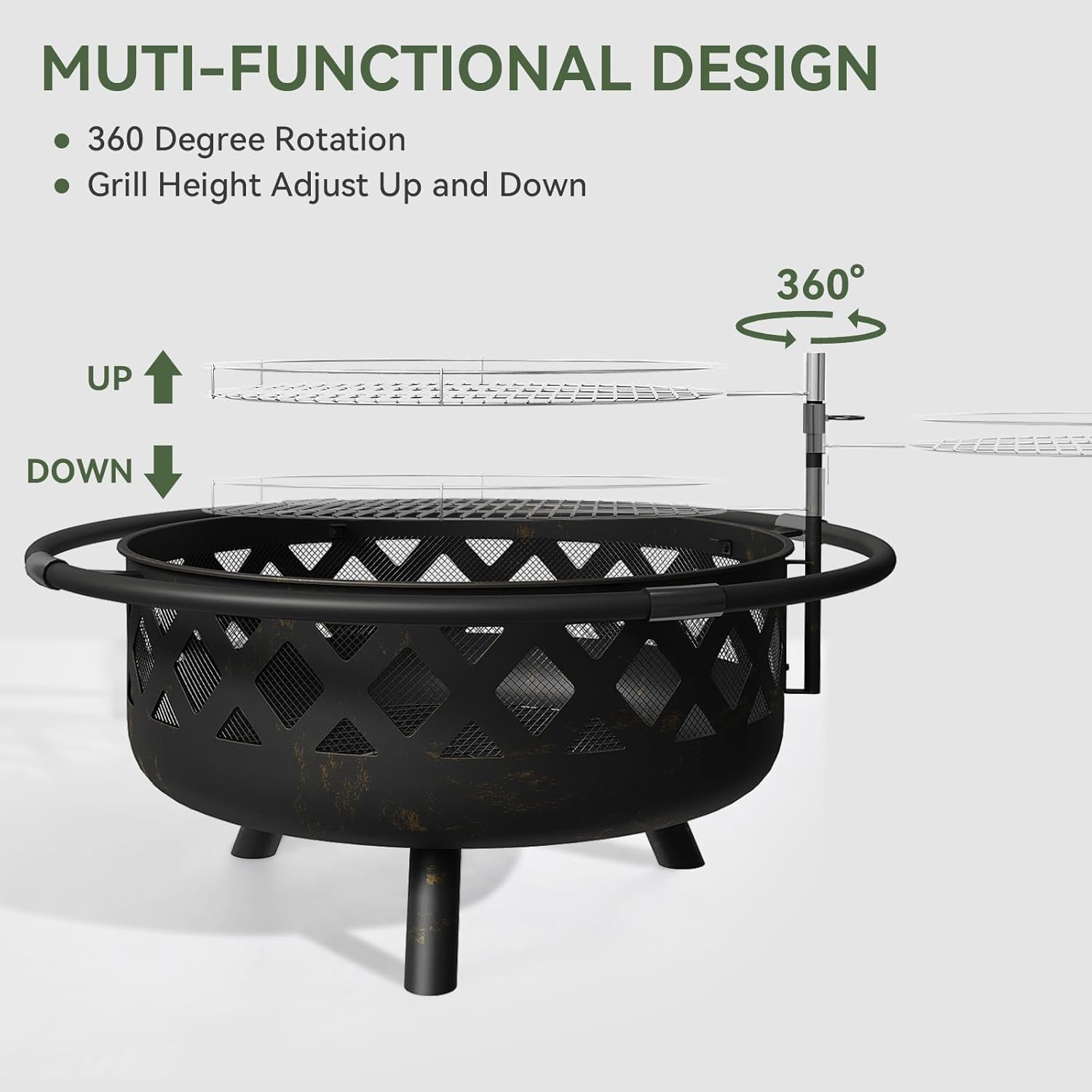 Fire Pit with Cooking Grate Grill, Outdoor Wood Burning Fire Pit with Cover & Fire Poker