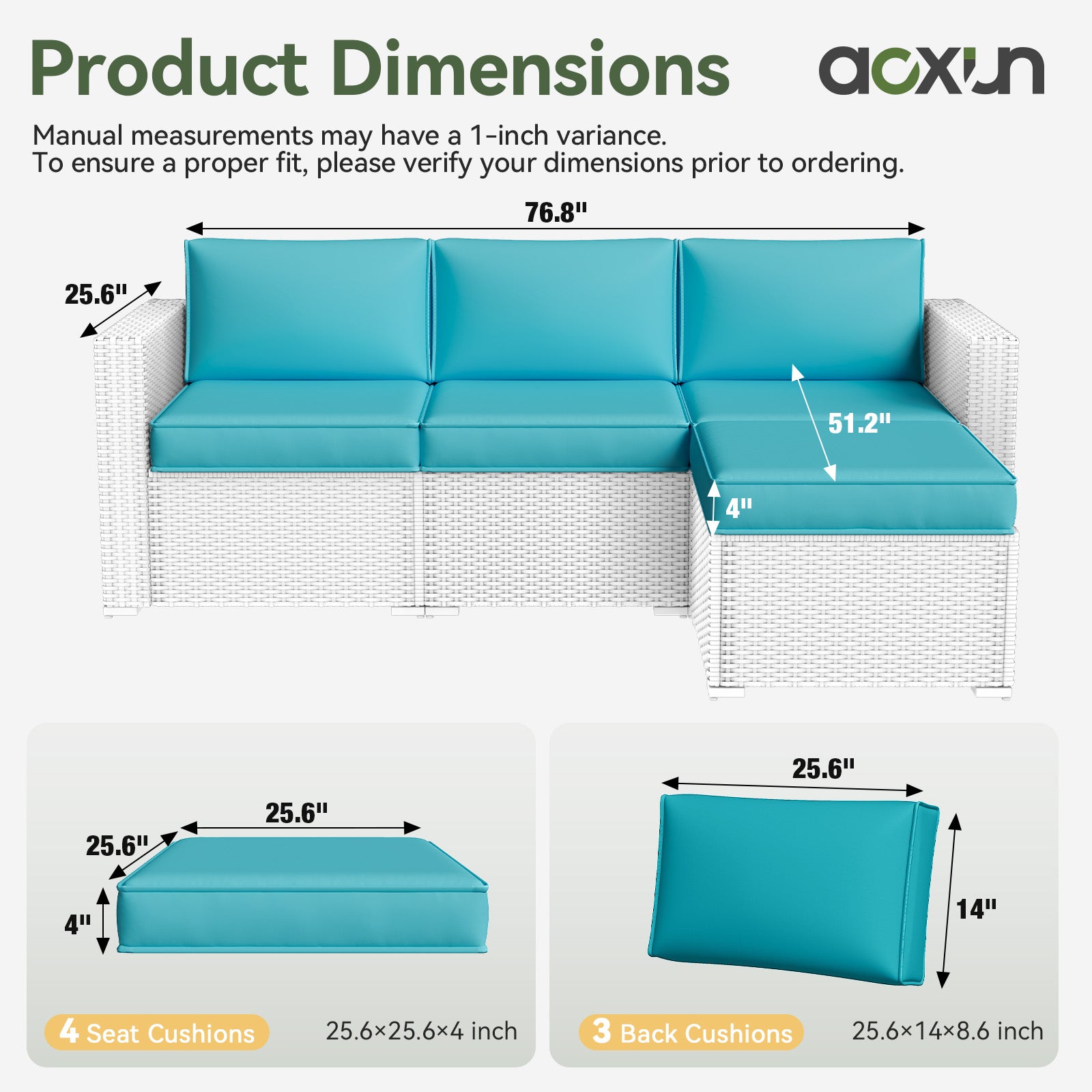 Aoxun 26" x 26" Patio Furniture Cushions for Outdoor Furniture Set of 4, Thick Replacement Patio Couch Cushions for Outdoor Furniture, 7-Piece Splashproof Fade Resistant Cushions for Outdoor Couch