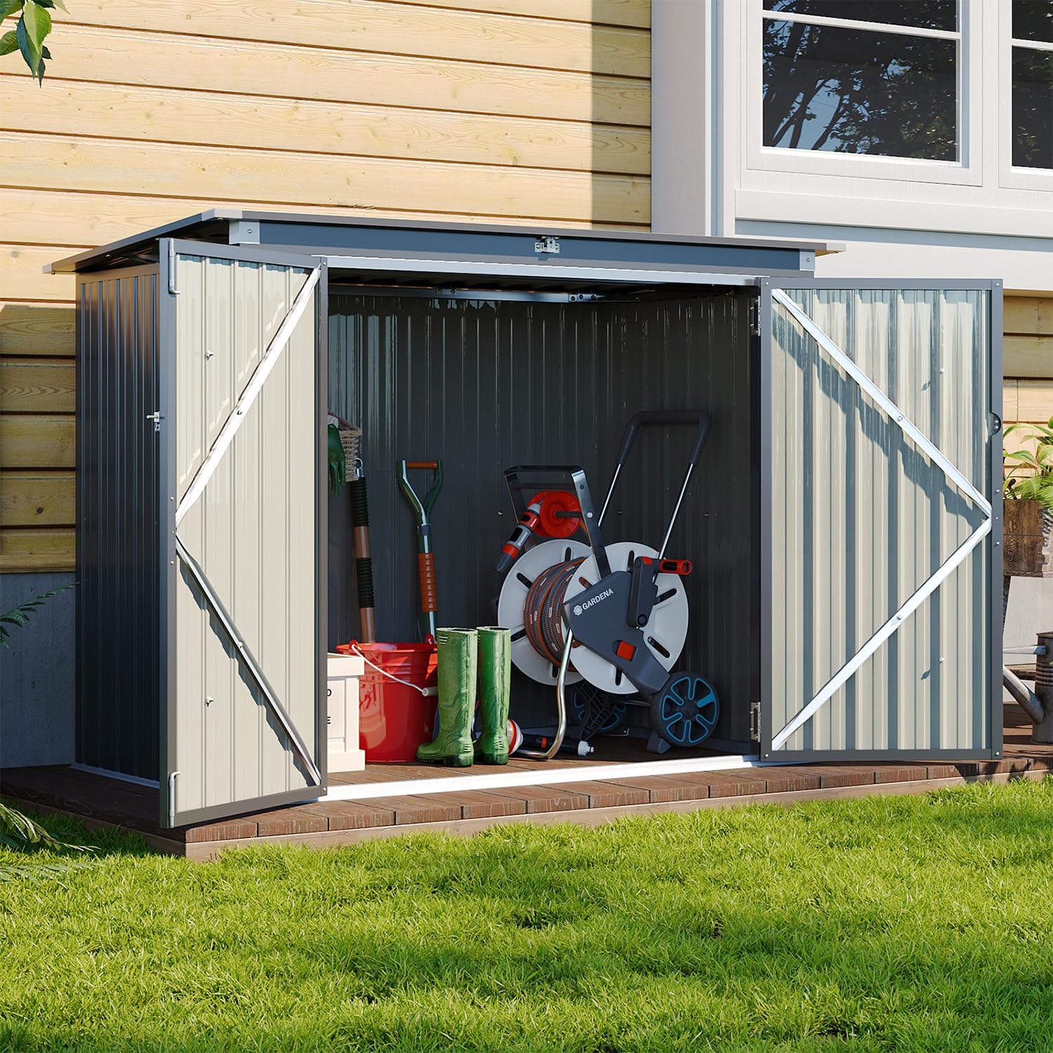 Aoxun 6' x 3' Outdoor Storage Shed Metal Trash Can Storage with Chain Lid Waterproof Outdoor Garbage Can Organizer, Ideal for 2 Trash Bins, Toys, Garden Tools (Black)