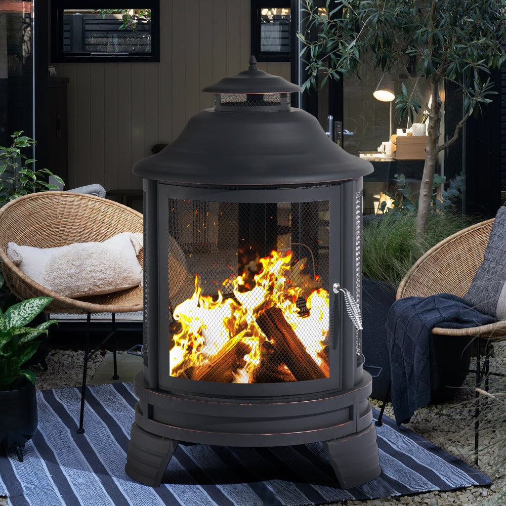 Pagoda-style Chiminea Fire Pit with Grill, Removable Grate and Mesh Spark Screen Doors, Outdoor Wood Burning Fire Pit