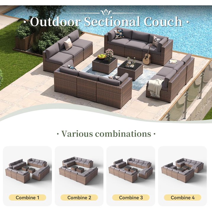 Aoxun 14 Piece Patio Furniture Set Wicker Rattan Patio Conversation Set Outdoor Sectional Sofa Set with Coffee Table and 4” Thickened Cushions, Gray(Waterproof Cover Included)