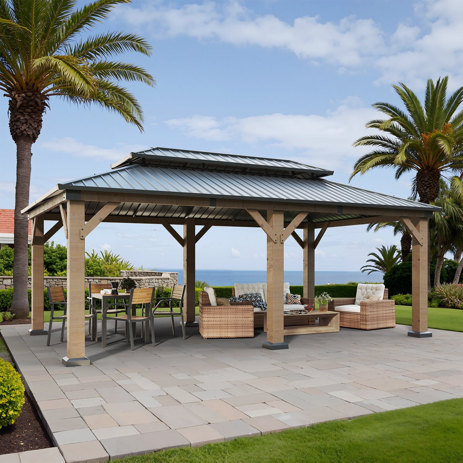 Clouddwell 12*20FT Upgraded Cedar Gazebo,Cedar Hard Roof Gazebo,with Double-Layer Galvanized Steel Roof,Suitable for Backyard,Desk,and Lawn.