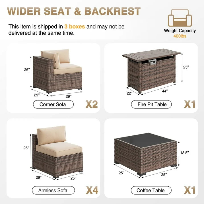 Aoxun 8 Piece Patio Furniture Set with 44” Fire Pit Table Wicker Rattan Outdoor Sectional Sofa Set with Coffee Table and 4” Thickened Cushions, Beige (Waterproof Cover Included)