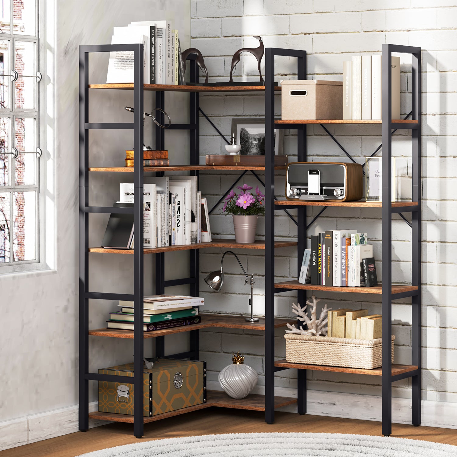 5 Tiers Triple Wide Corner Bookcase with 17 High Quality Solid Open Shelves, Rustic Brown