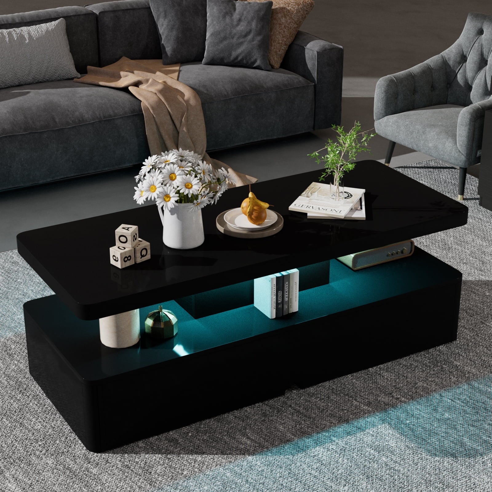 Modern Stylish Coffee Table with 16 Colors LED Lights, Double-Layer Design for Living Room, Black High Gloss Acrylic