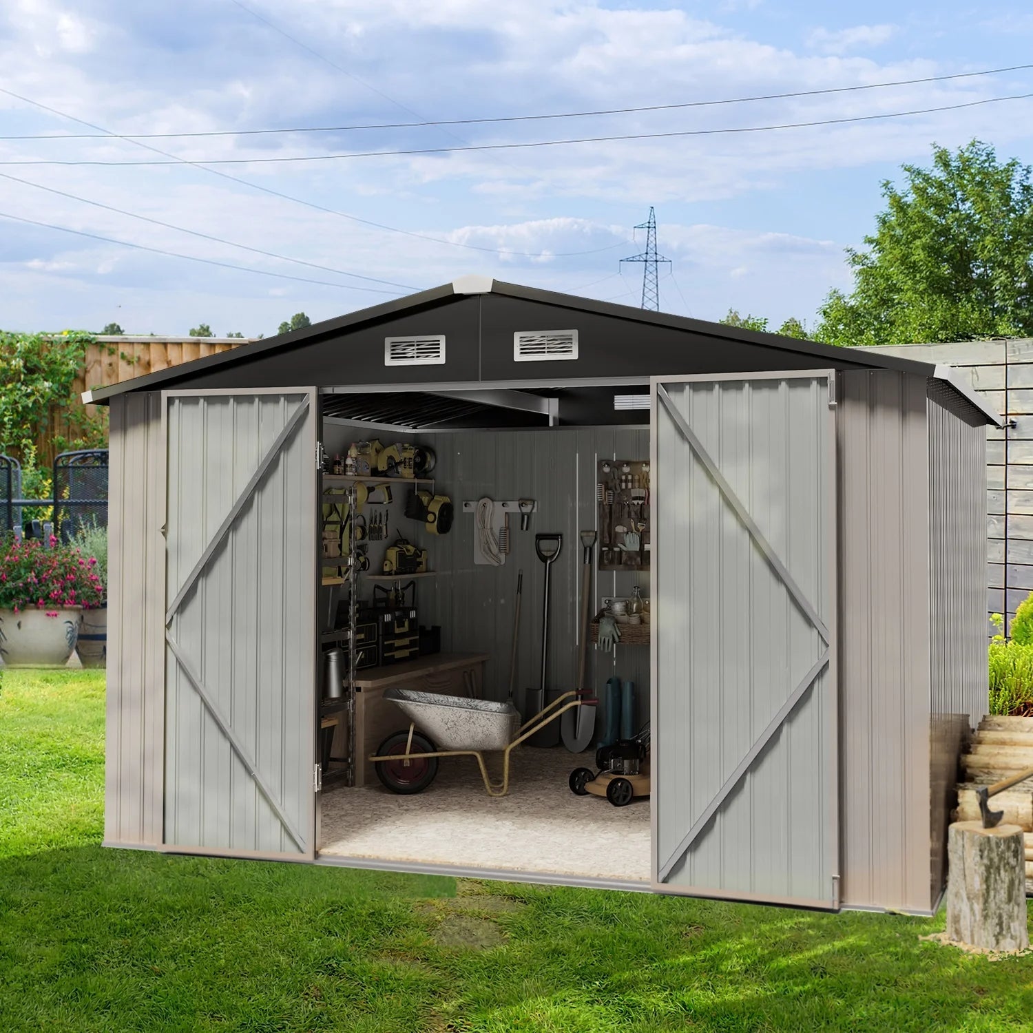 9.7' x 7.6' Outdoor Storage Shed, Meatl Shed with Door & Lock for Backyard, Garden