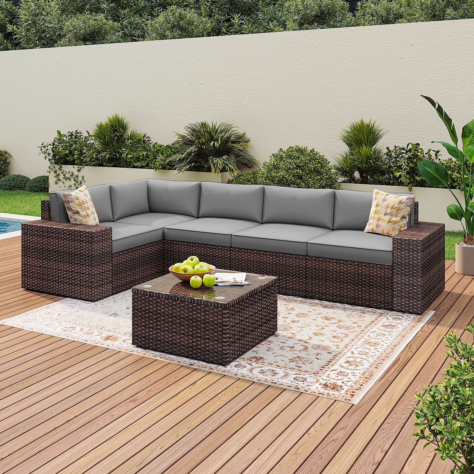 6 Pieces Outdoor Patio Furniture Sets, PE Rattan Wicker Sectional Sofa with Coffee Table for Lawn, Backyard,Balcony, Gray