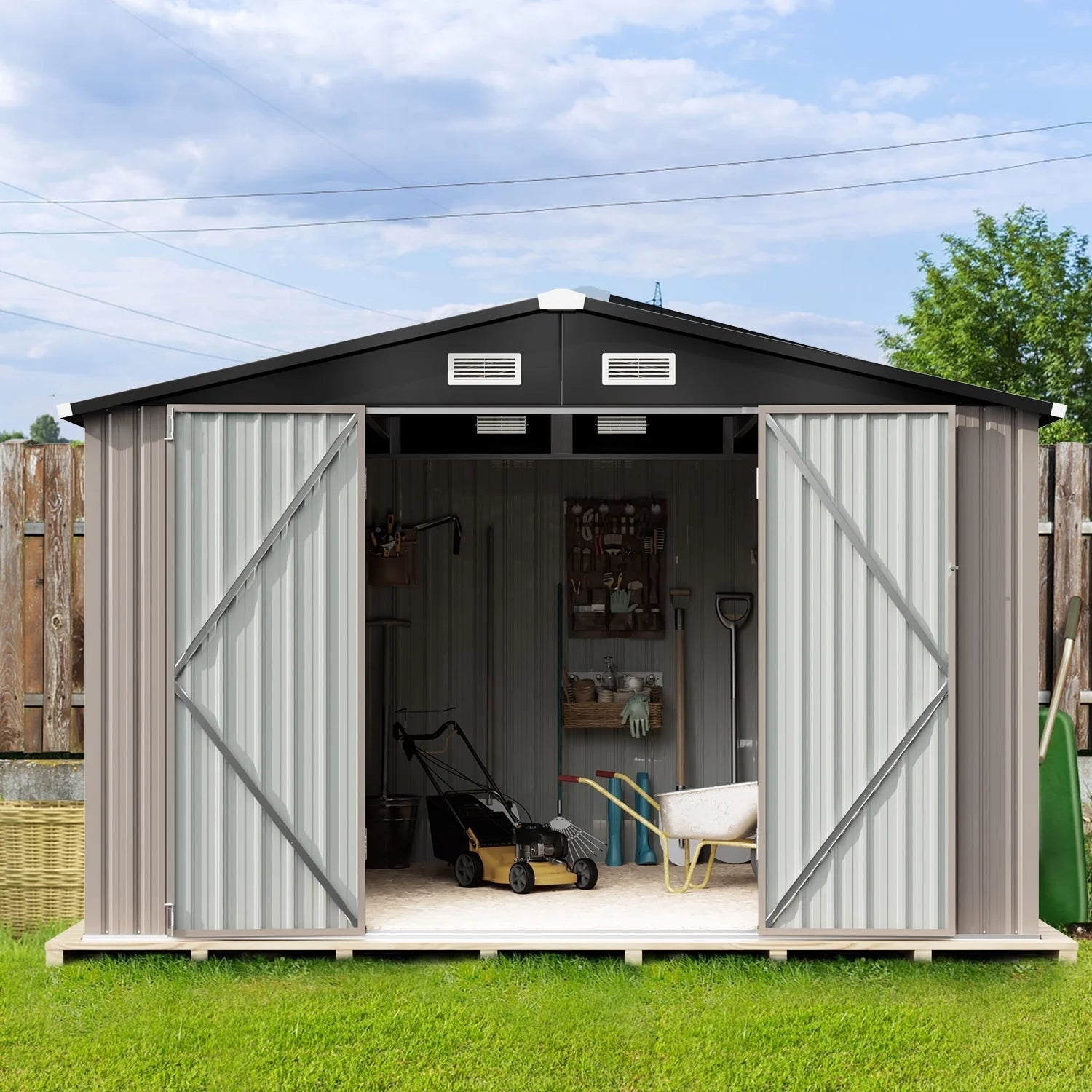 9.7' x 7.6' Outdoor Storage Shed, Meatl Shed with Door & Lock for Backyard, Garden