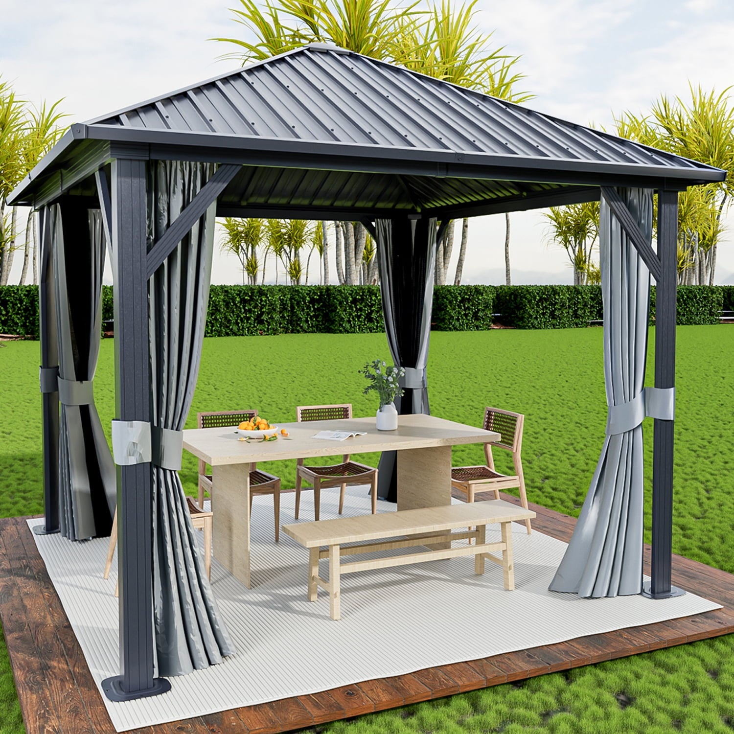 10x10 Outdoor Hardtop Gazebo, Aluminum Frame Gazebo with Removable Mesh Walls and Curtains for Patio, Lawns, Gray