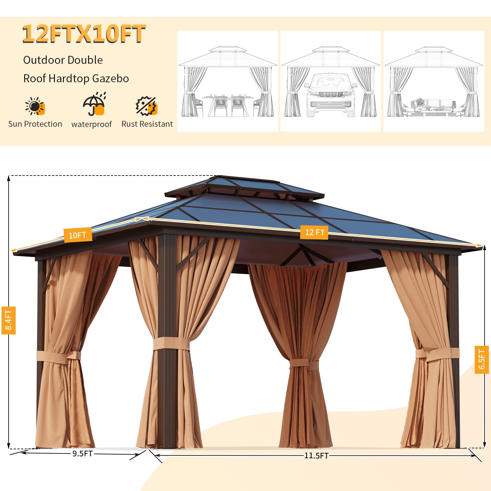 10 x 12FT Hardtop Gazebo, Double Polycarbonate Roof Aluminum Frame Gazebo W/Curtain and Netting, Brown