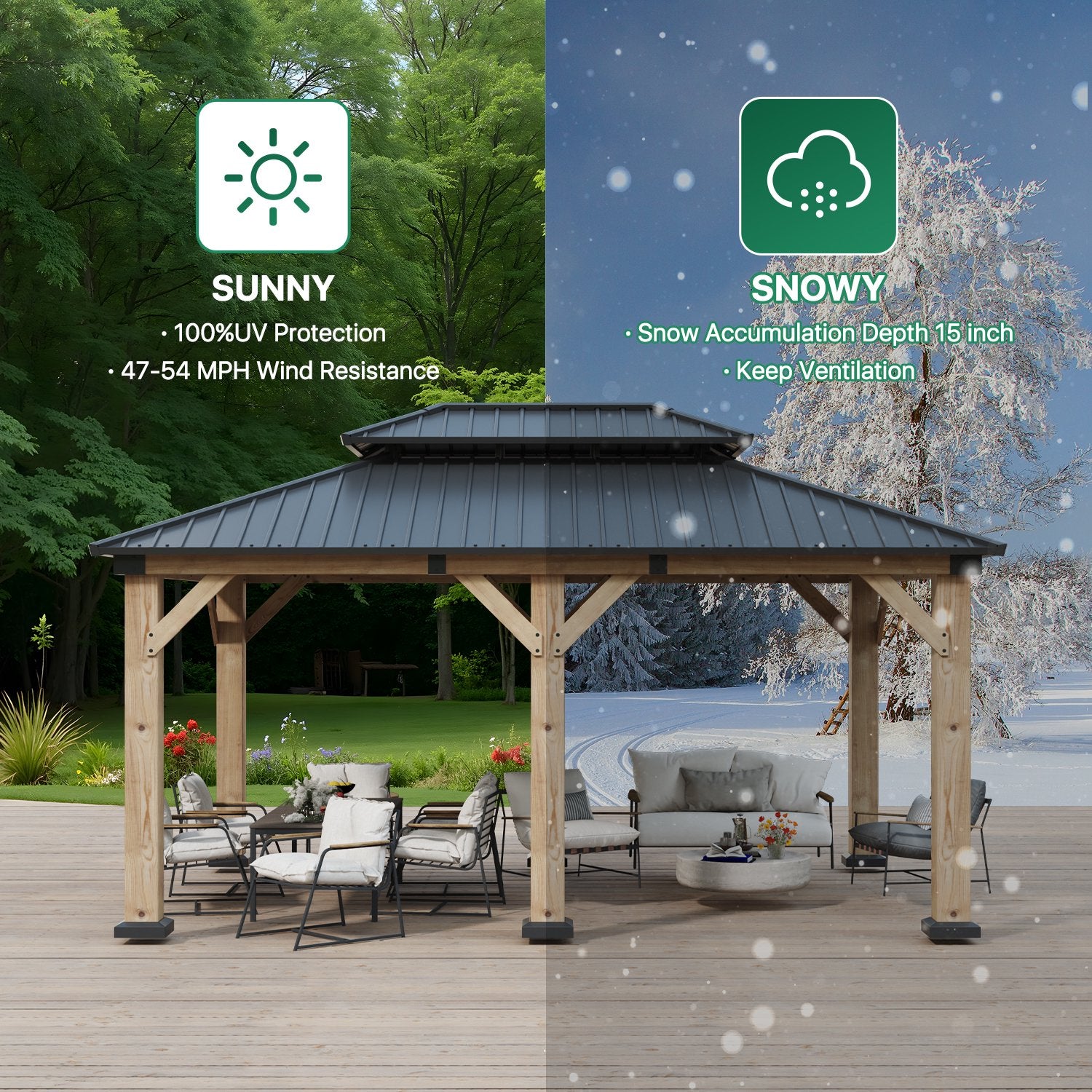 Clouddwell 12*16FT Upgraded Cedar Gazebo,Cedar Hard Roof Gazebo,with Double-Layer Galvanized Steel Roof,Suitable for Backyard,Desk,and Lawn.