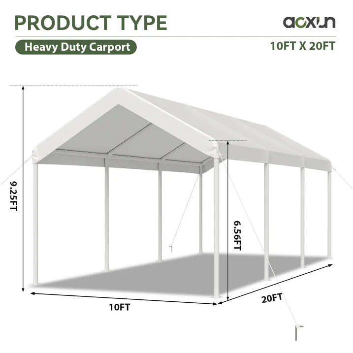Aoxun 10x20 FT Heavy-Duty Portable Carport, Outdoor Car Canopy Shelter with Waterproof Tarp & Wind Resistant Design, Galvanized Steel Frame for Vehicle, RV, Boat, Truck Cover (White)