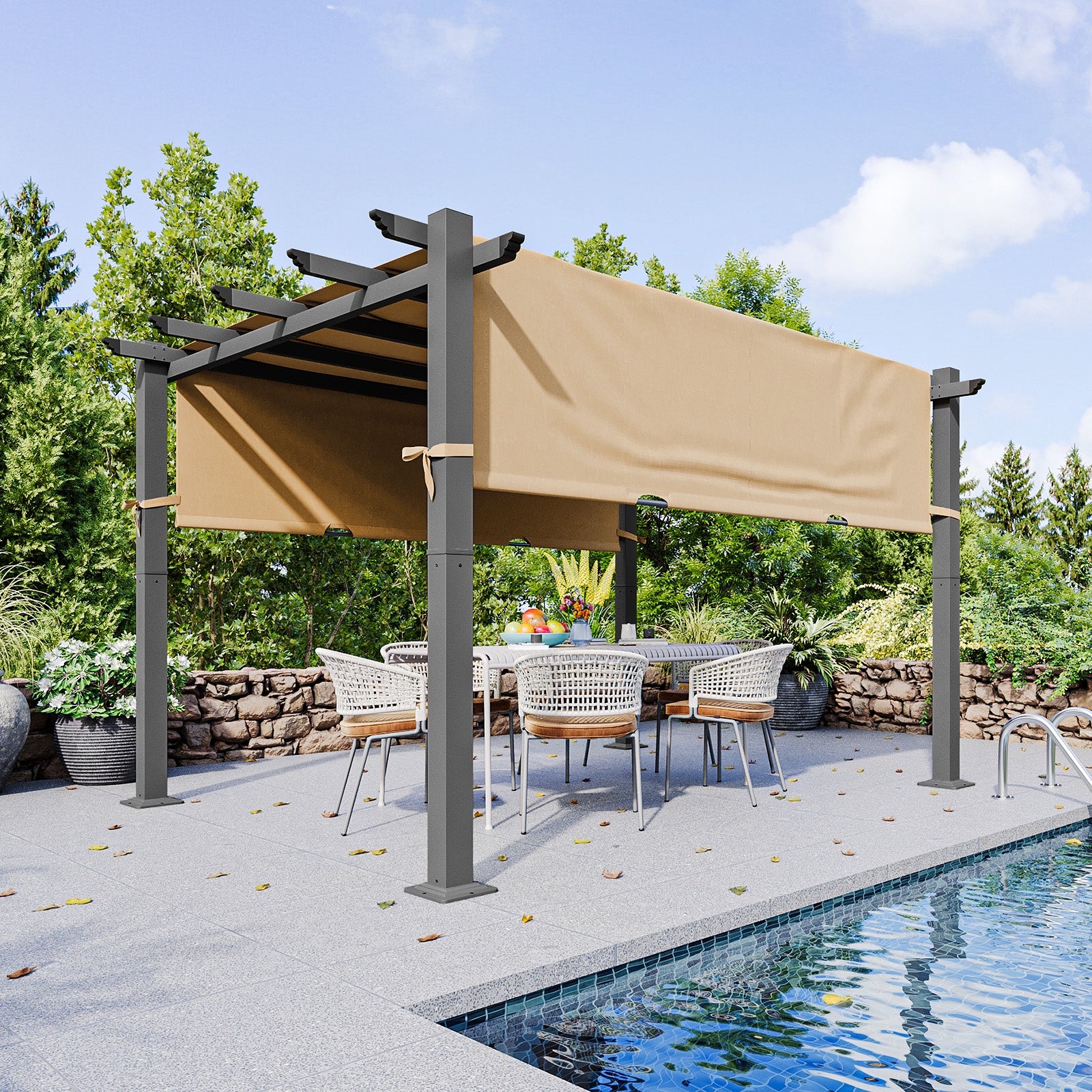 10'x12' Outdoor Retractable Pergola, Heavy-Duty Aluminum Pergola Patio, Modern Pergola with Retractable Sun Shade Canopy for Garden, Decks, and Backyards